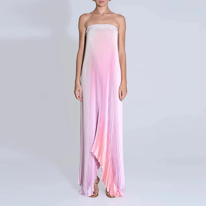 Women Elegant Big Hem One Shoulder Party Dress Show Style Pleated Gala Gowns Banquet New 2024 Gradient Tube Tops Evening Dress