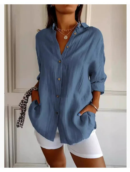 Relaxed Fit Long Sleeve Solid Color Blouse For Women