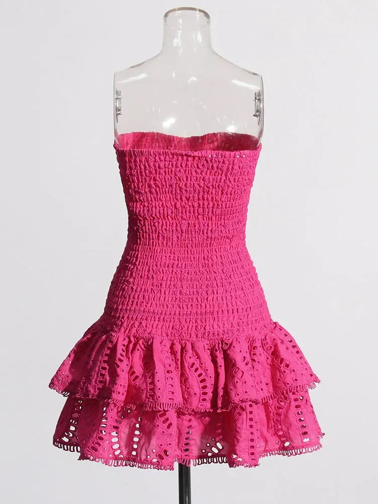 TWOTWINSTYLE Hit Color Dresses For Women Strapless Sleeveless High Waist Slimming Sexy Mini Folds Dress Female Fashion Clothing