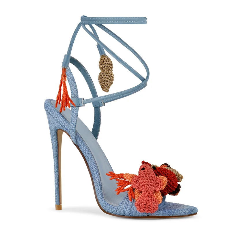 Pink Lace-Up Ankle Wrap Stiletto Sandals for Women