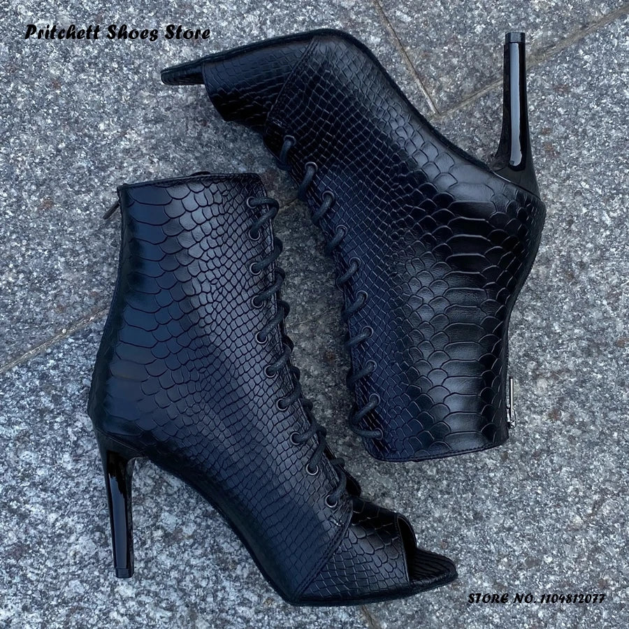 White Lace Up Heeled Open Toe Ankle Boots for Women