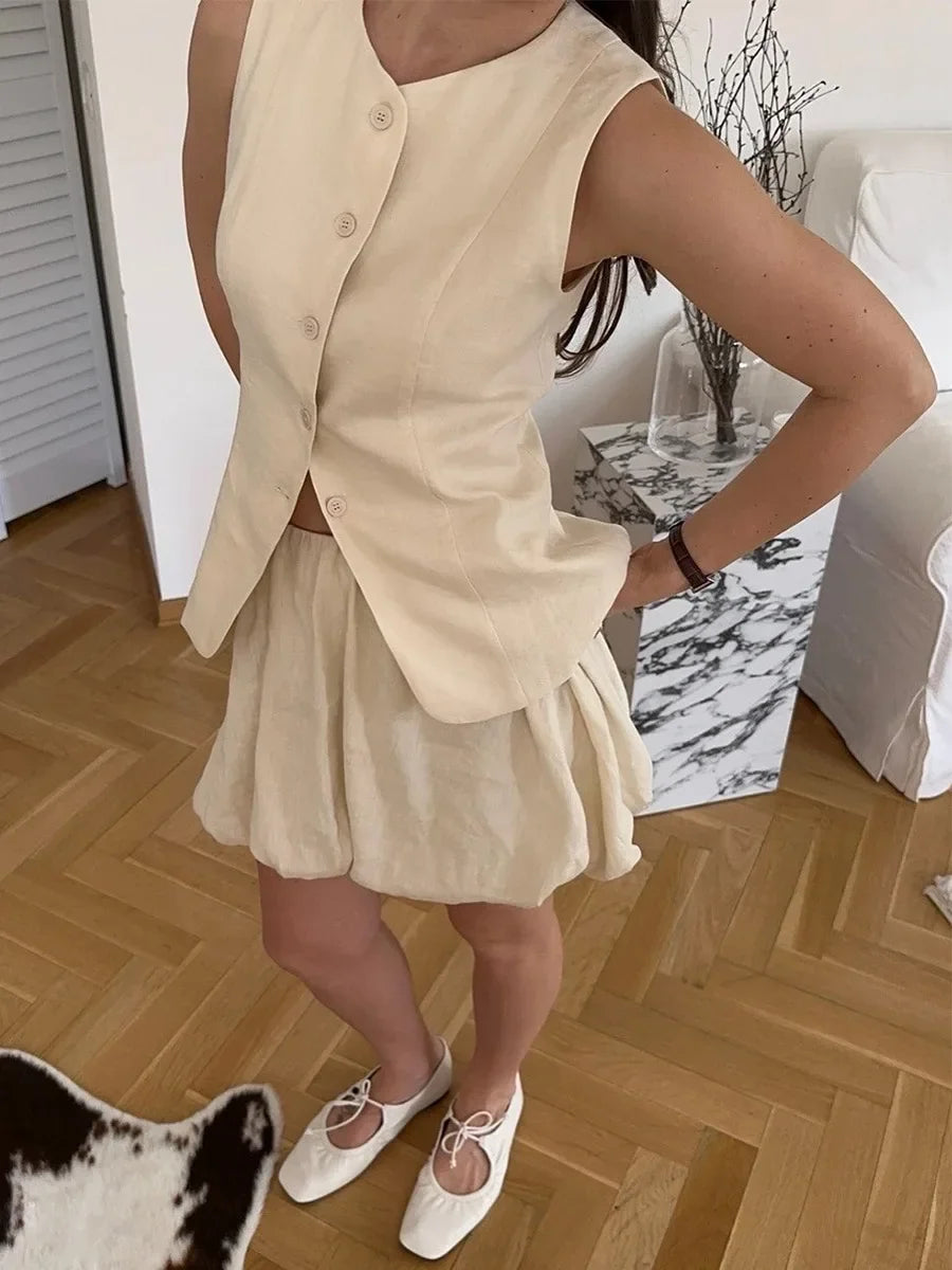 Casual Cotton Sleeveless Mini Skirt And Top Set for Women