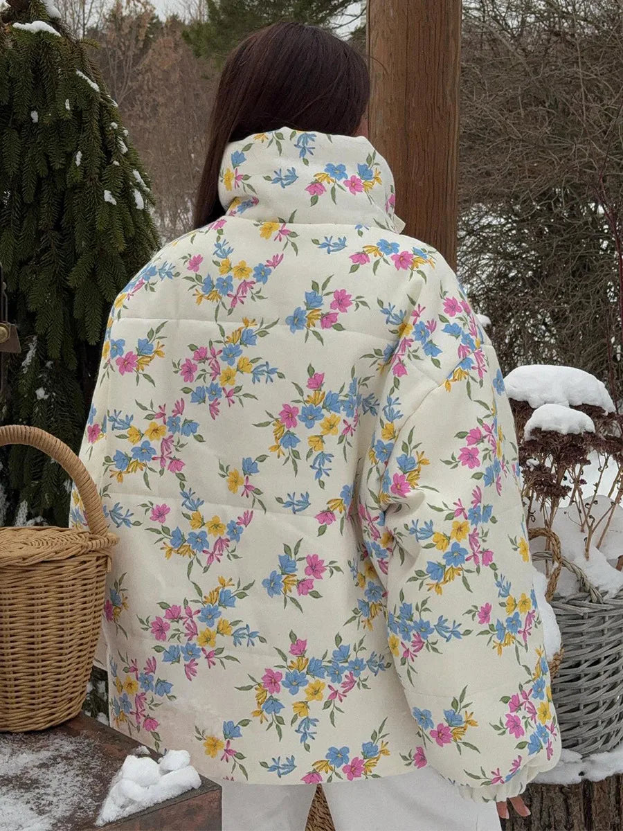 Floral Print Oversized Stand Collar Puffer Jacket For Women