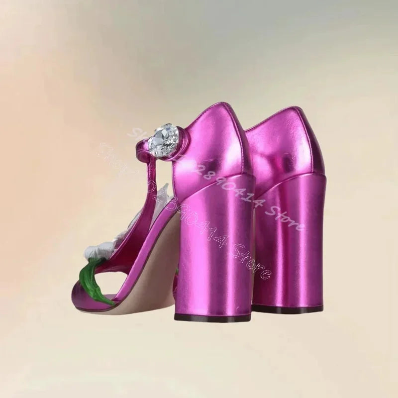 Rose Red Crystal Embellished Open Toe Sandals With Buckle Strap for Women