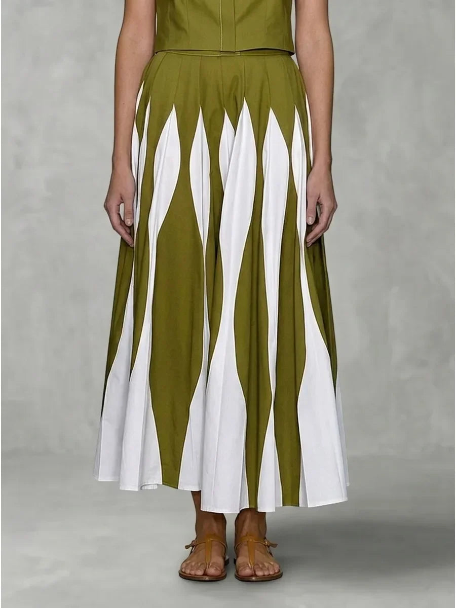 Bonboho 2026 New Women's Elegant Skirt Set Sleeveless Shirt Top & High Waist Pleated Contrast Color Skirt Casual Two-piece Set