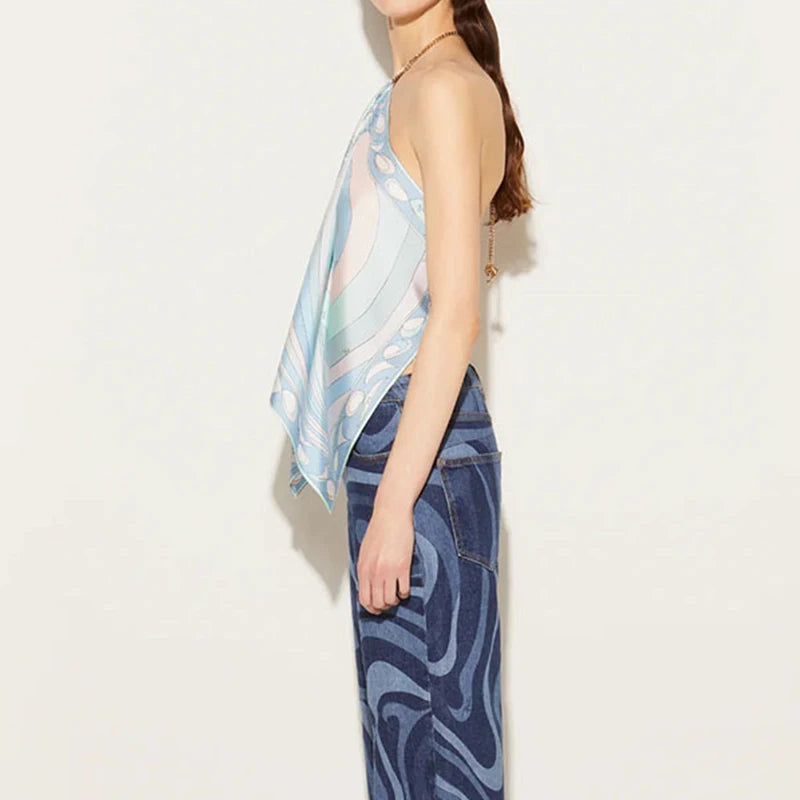 New 2025 Vacation Hollow Sleeveless Bohemian Shirt Chain Halter Pleated Club T-shirts Satin Print Slim Fit Women's Top Blouses