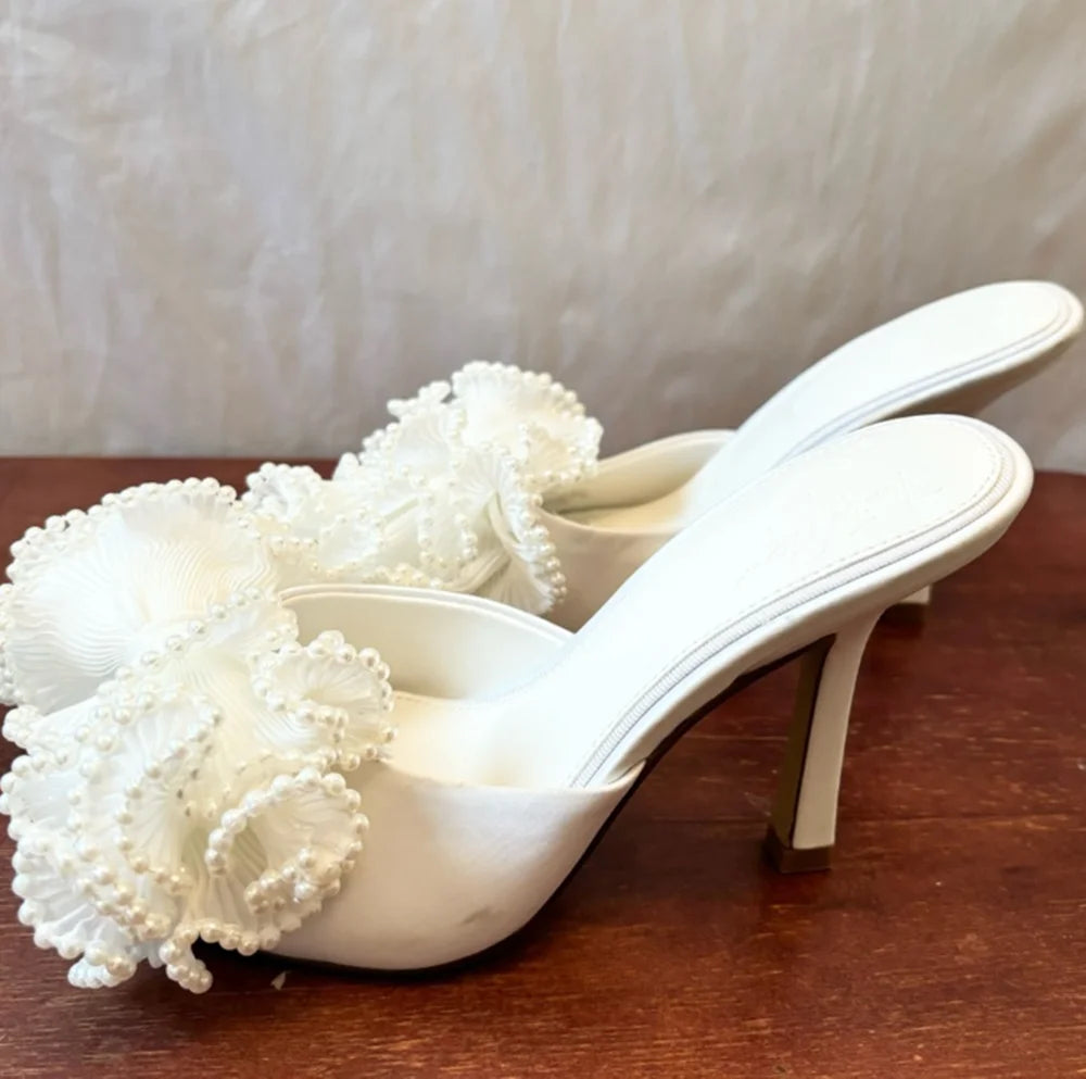 White Pearl Ruffle Bow Peep Toe Sandals