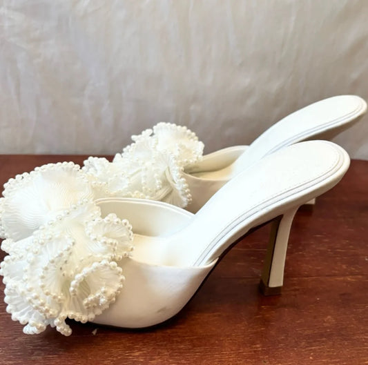 White Pearl Ruffle Bow Peep Toe Sandals