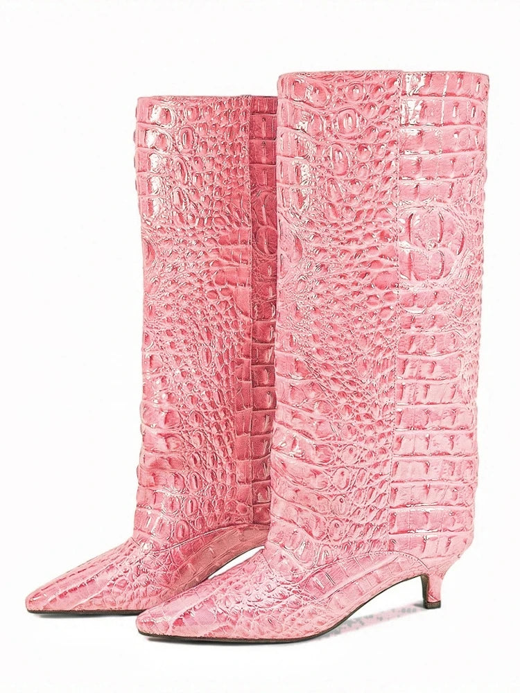 Crocodile Print Wide Shaft Kitten Heel Knee High Boots for Women
