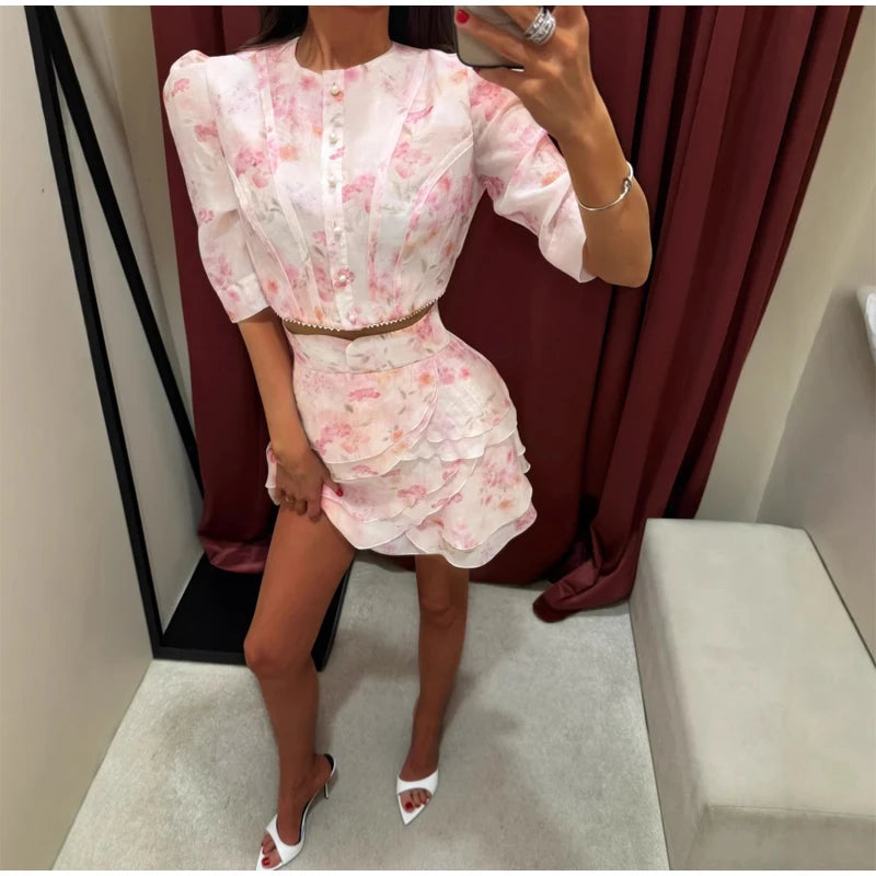 Floral Puff Sleeve Top and Mini Skirt Set for Women