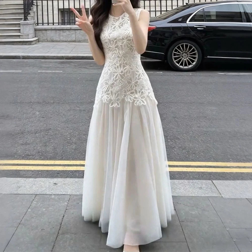 Regular Fit Crew Neck Embroidered Summer Midi Dress for Women
