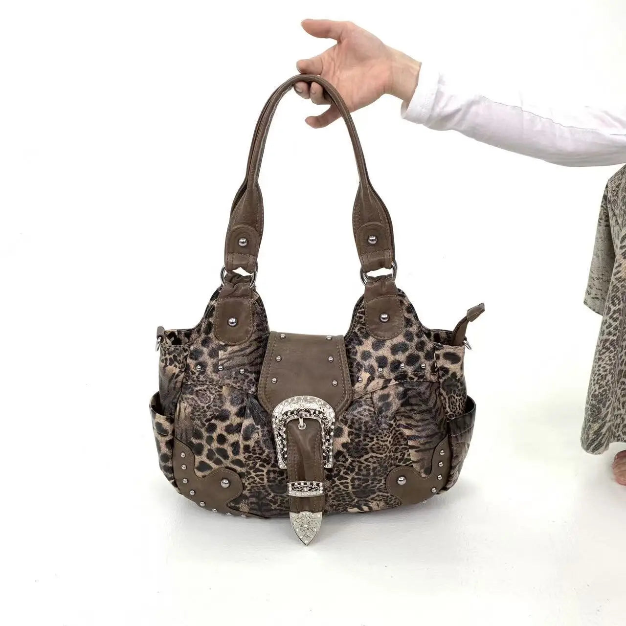 Leopard Print Patchwork Tote Bag with Pockets for Women