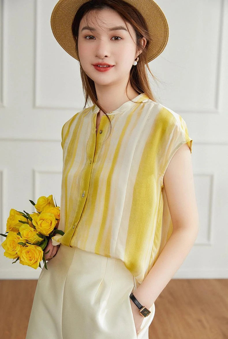 Women's Shirt and Blouse Chiffon Yellow Sleeveless Striped Female Tops Loose Summer Button Up Y2k Fashion Sale of Pretty Xl M