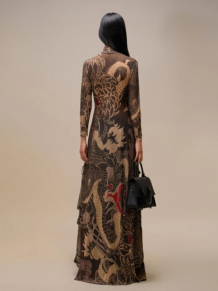 Snake Print Sheer Turtleneck Long Sleeve Top for Women