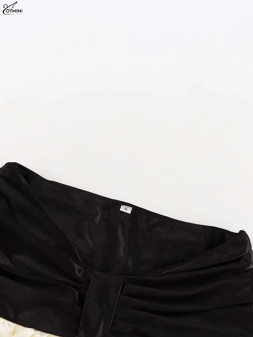 Oymimi Fashion Black Satin 2 Piece Sets Woman Outfits Elegant Long Sleeve Patchwork Zipper Crop Tops And Pleated Mini Skirts Set