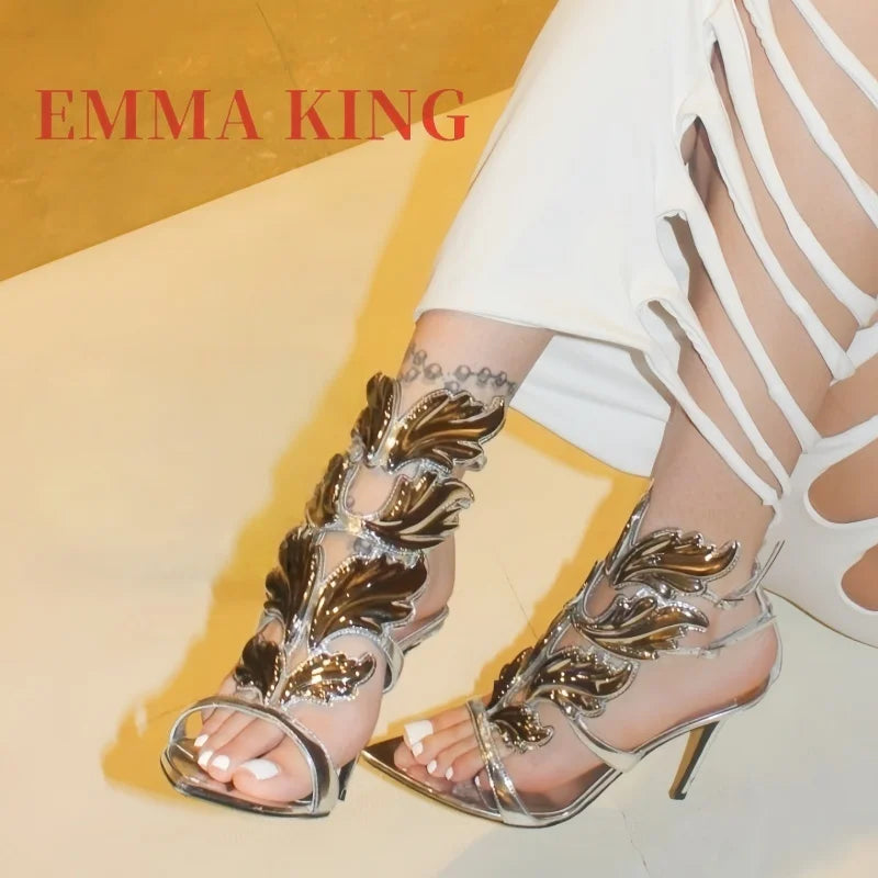 Metallic Winged Ankle Strap High Heel Sandals for Women