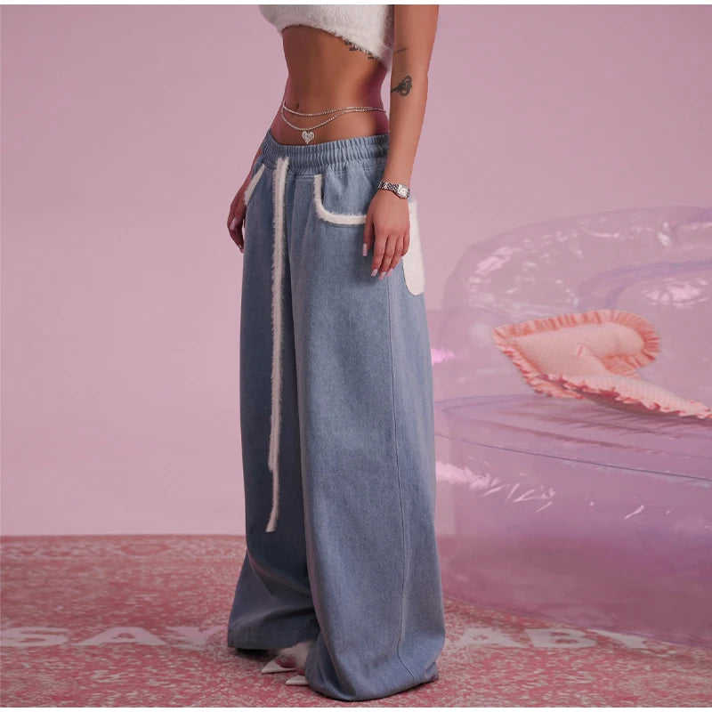 Contrast Lapel Zip Up Denim Jacket and Trousers Set for Women