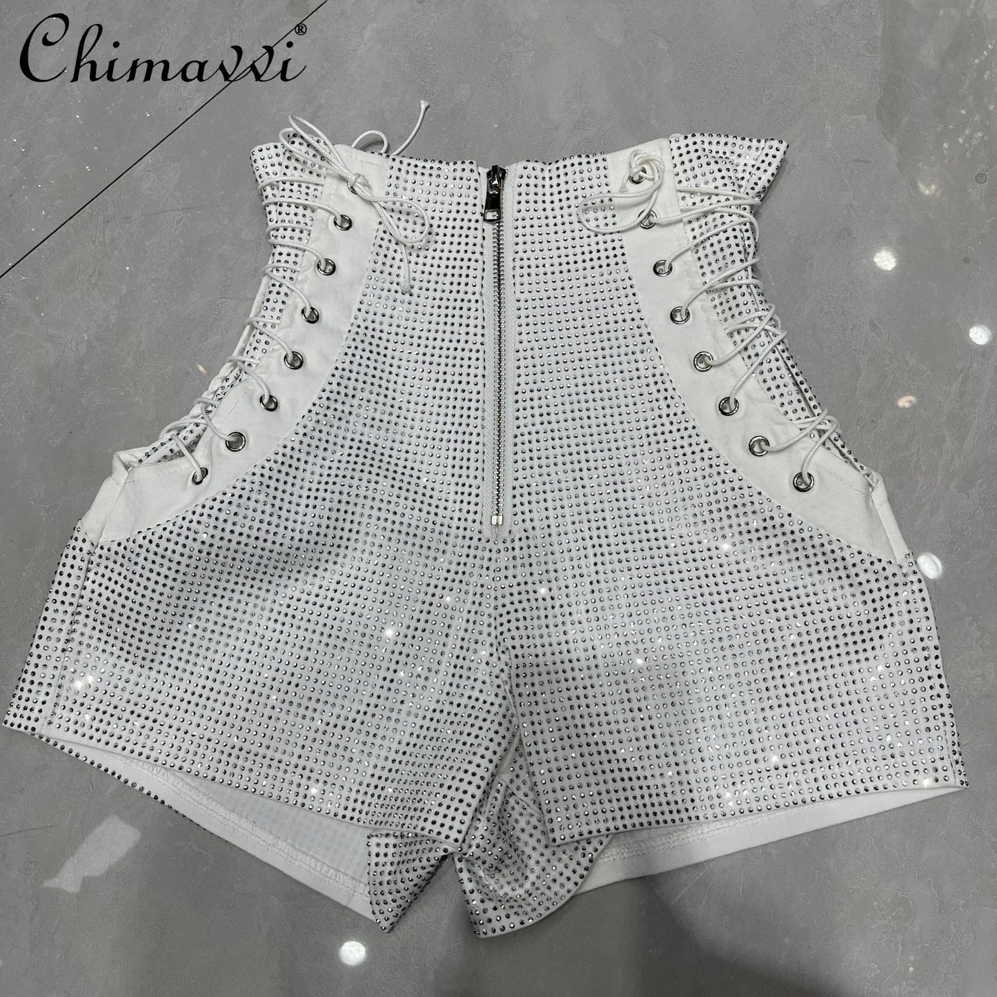 Summer New Fashion Hot Girl Design Heavy High Waistshorts Women's Tie Back Zipper Design Tight Hip Covering Nightclub Hot Pants