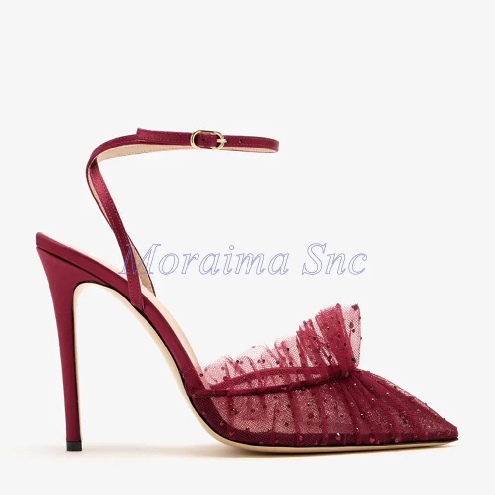Pink Pointed Toe Ruffled Rhinestone Stiletto Sandals for Women