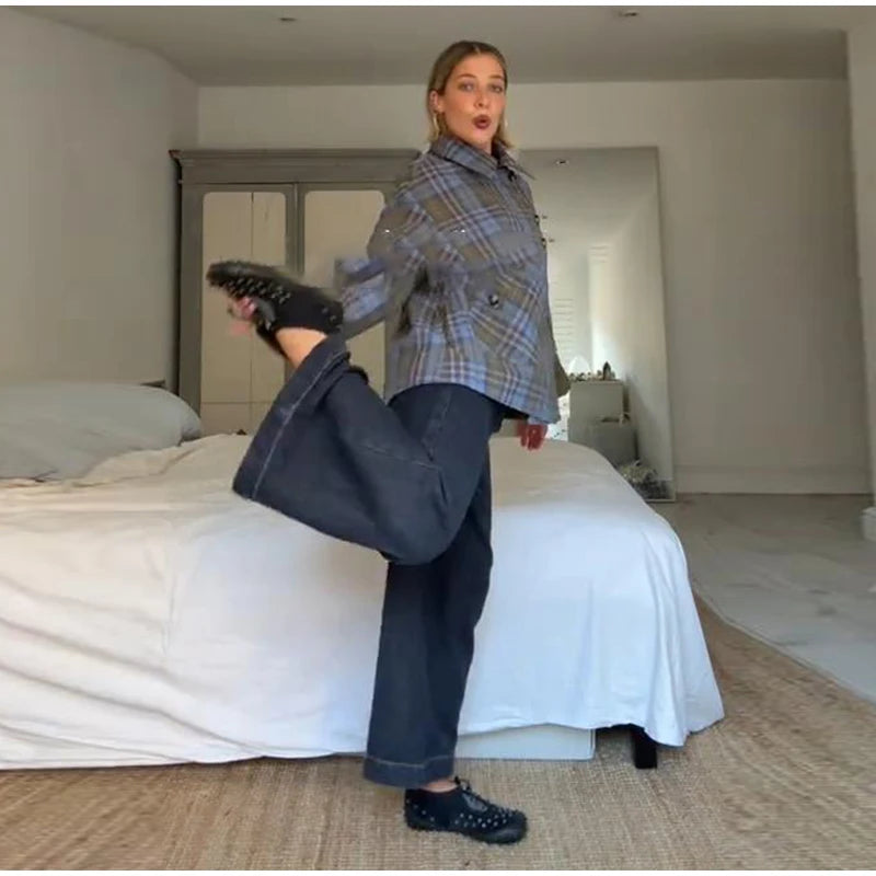 Plaid Reversible Jacket with Lapel Bow and Pockets for Women
