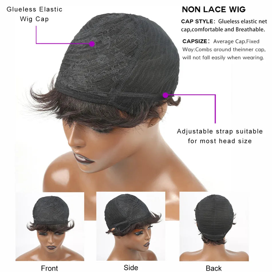 Layered Human Hair Pixie Bob Wig With Bangs for Women