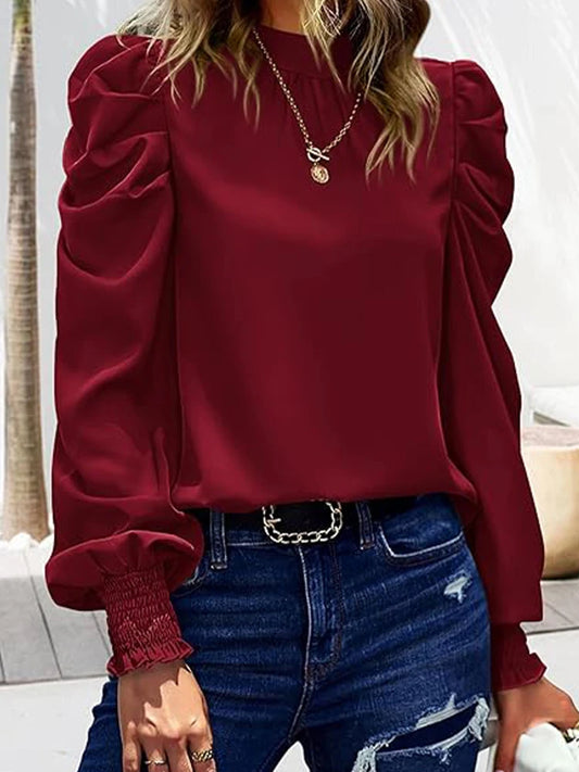 Women's Satin Puff Sleeves Elegant Retro Charm Commuter Style Long-Sleeved Turtleneck Skin-Friendly Fabric Casual Shirt