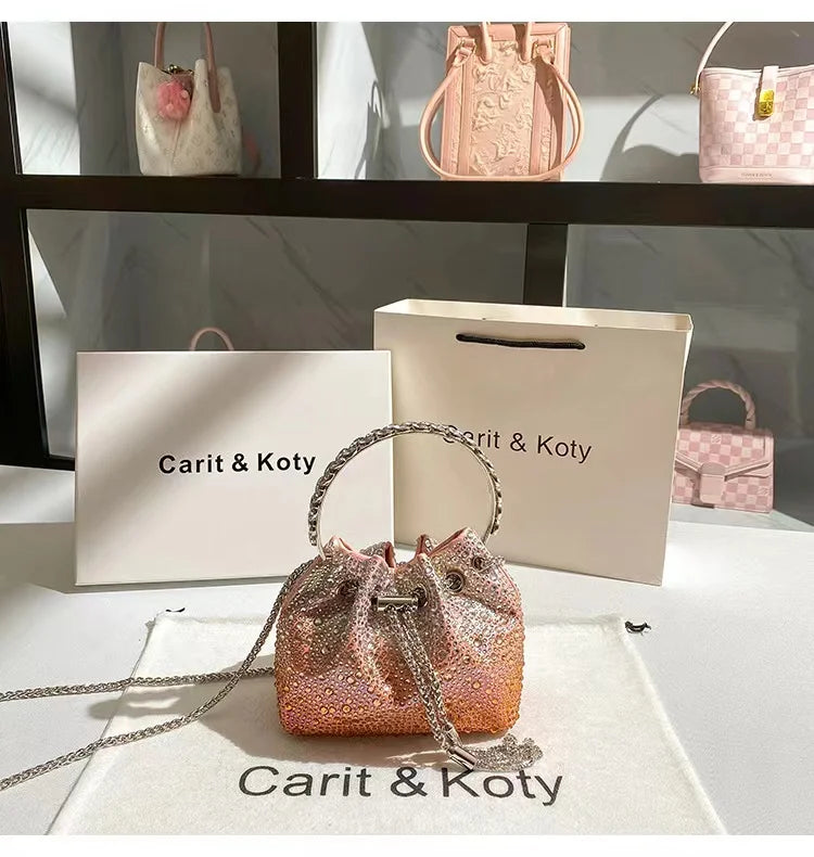 Crystal Shiny Diamonds Bucket Bag Fashion Women Handbag Metal Ring Handle Evening Bag Wedding Party Clutch Purse Crossbody Bag