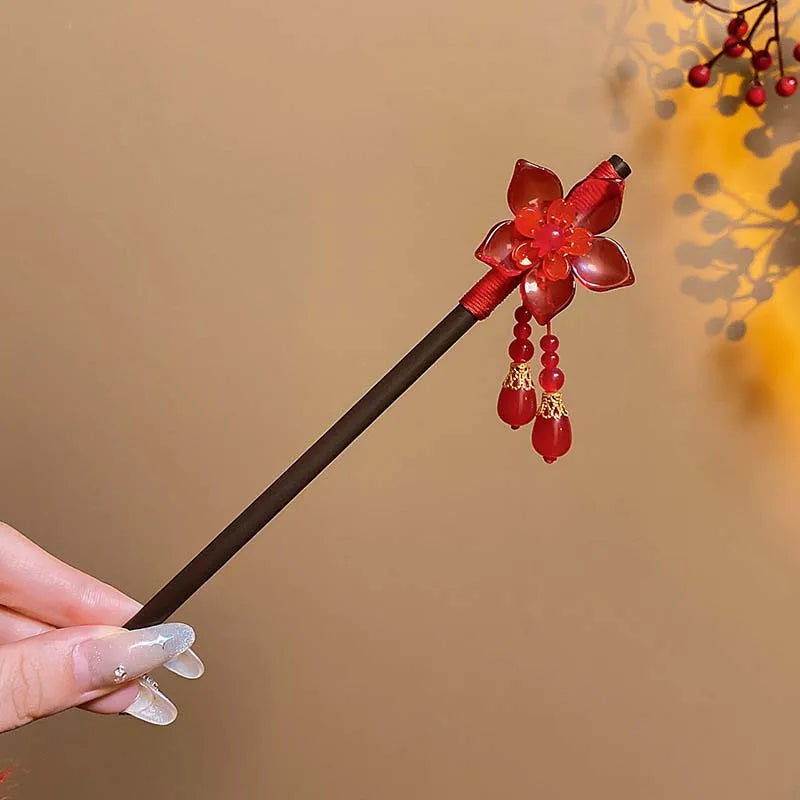 Red Floral Wooden Hanfu Hair Stick