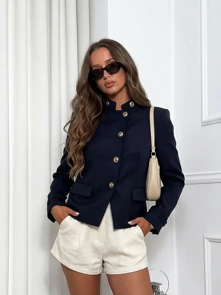 Stand Collar Single Breasted Navy Blue Coat for Women