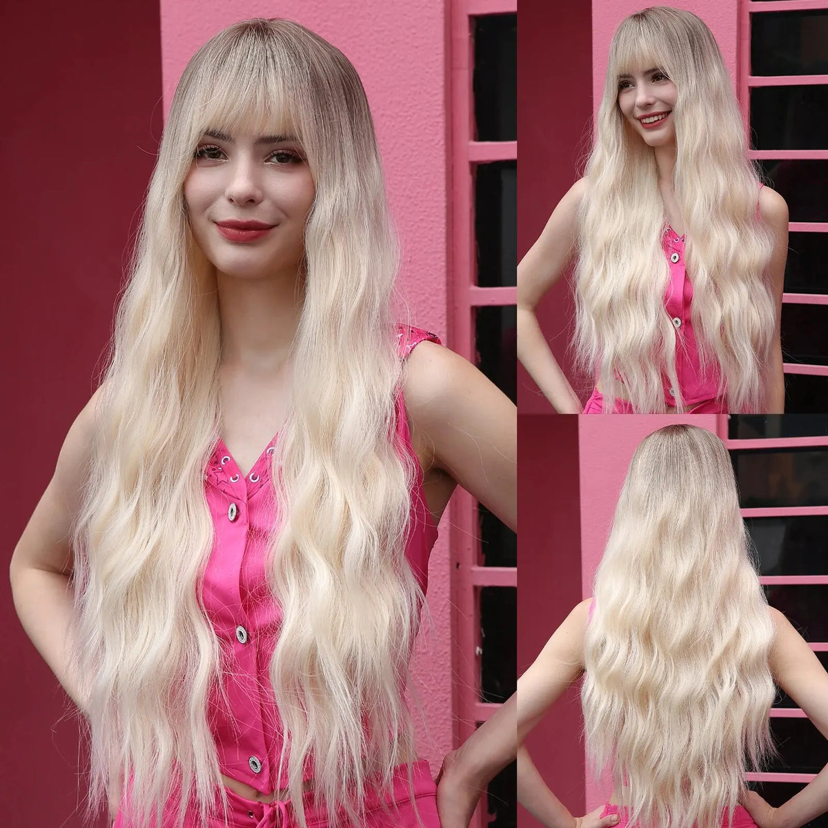 Long Water Wave Orange Synthetic Wig With Bangs for Women