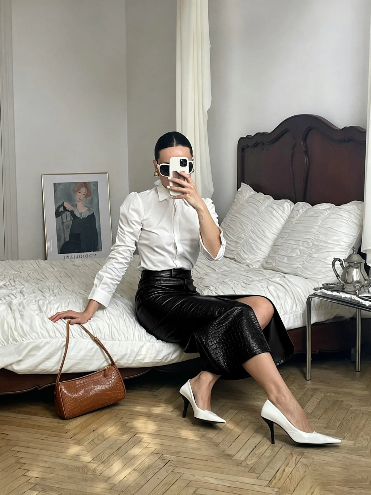 Faux Crocodile Leather Ankle Length Split Skirt for Women