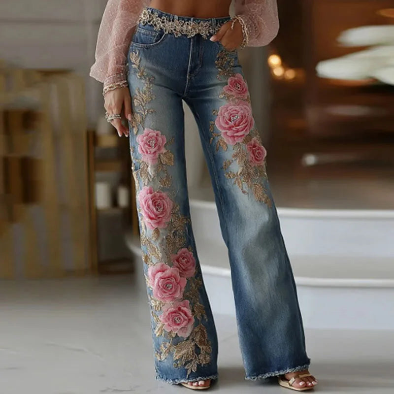 Retro Pink Rose Flower Print Women's Pants Spring Fashion High Waist Slim Imitation Jeans Autumn Pocket Street Straight Trousers