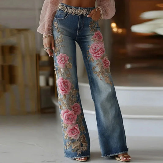 Retro Pink Rose Flower Print Women's Pants Spring Fashion High Waist Slim Imitation Jeans Autumn Pocket Street Straight Trousers