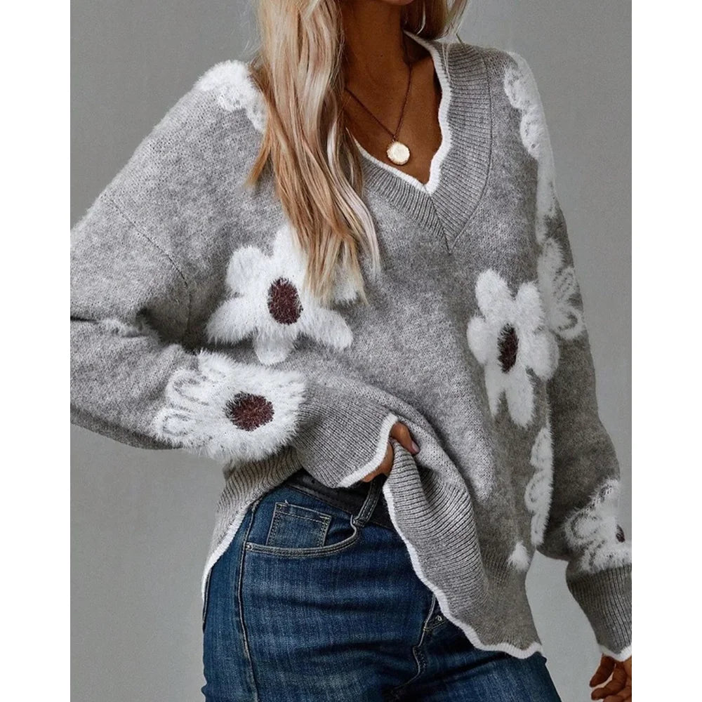 Women Contrast Binding 3D Flower V Neck Long Sleeve Pullover Sweater Casual Loose Fit Fall Top for Autumn Winter Outfits