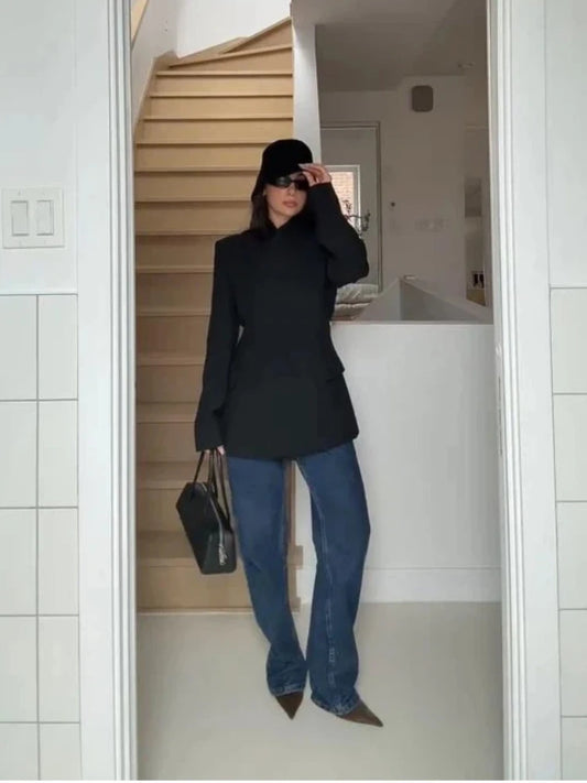 Women's Pant Set Office Elegant V-neck Full Sleeve Blazers High Waist Straight Pants Female Sets 2026 New Winter Woman Outfits