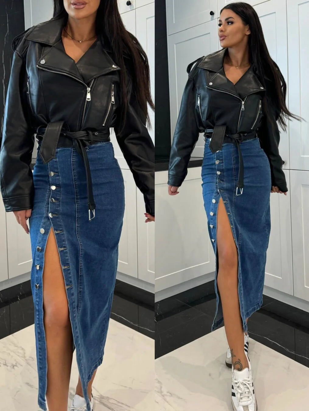 High Waist Retro Button Denim Skirt With Slit for Women