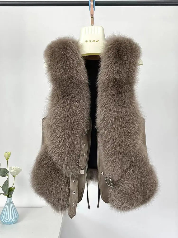 2025 Autumn Winter Women Vest Short Style Splicing Solid Color Fur Coat New