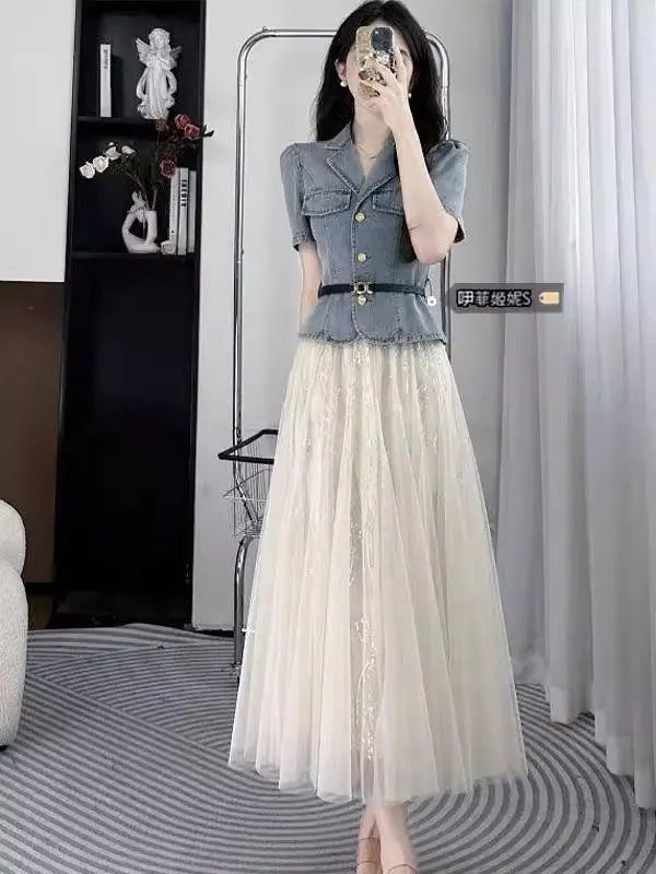 Slim Waist Denim Jacket and Mesh Skirt Two Piece Set for Women