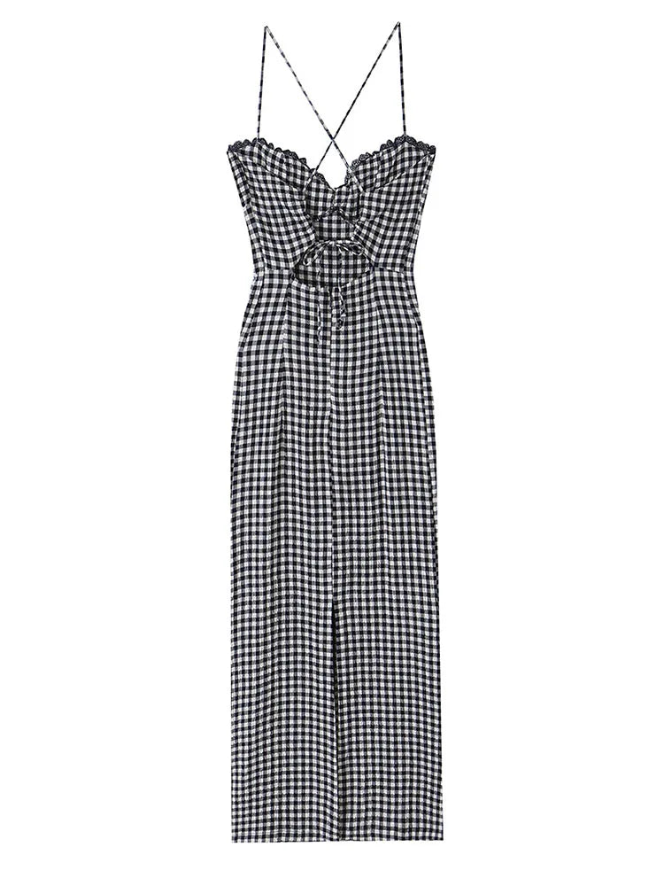 Gingham Lace Trim Spaghetti Strap Midi Dress for Women