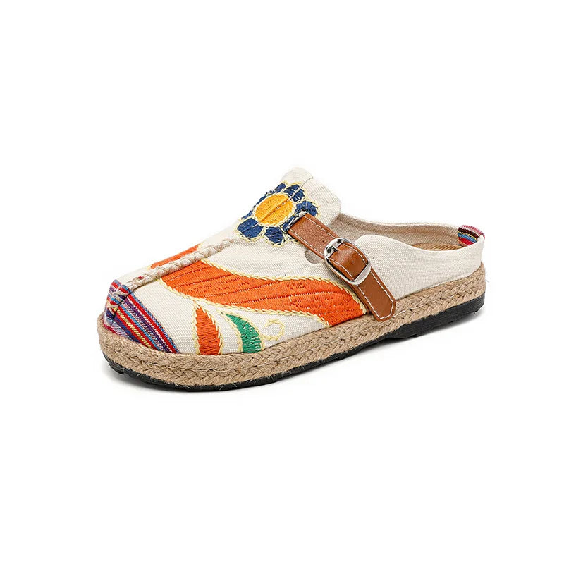 Lightweight Embroidered Cotton Linen Flat Slippers for Women