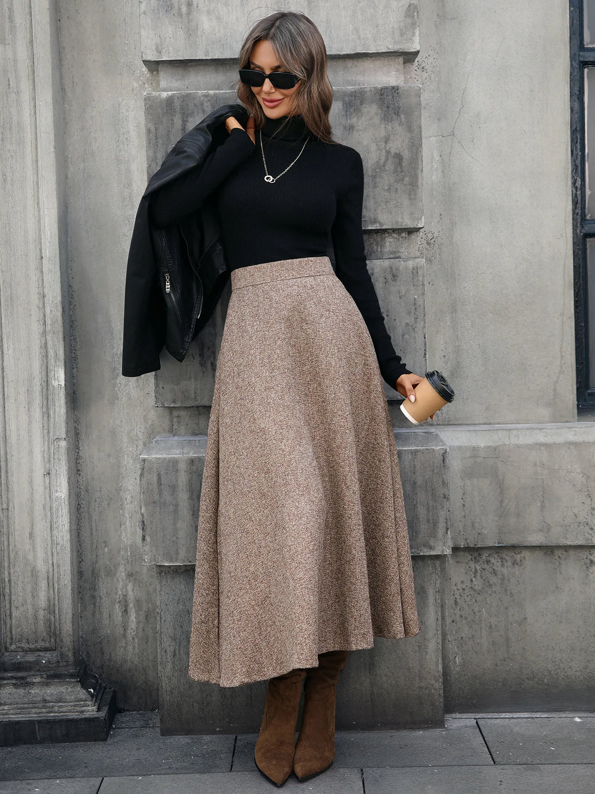 Tweed Ankle-Length A-Line Skirt with Elastic Waist for Women