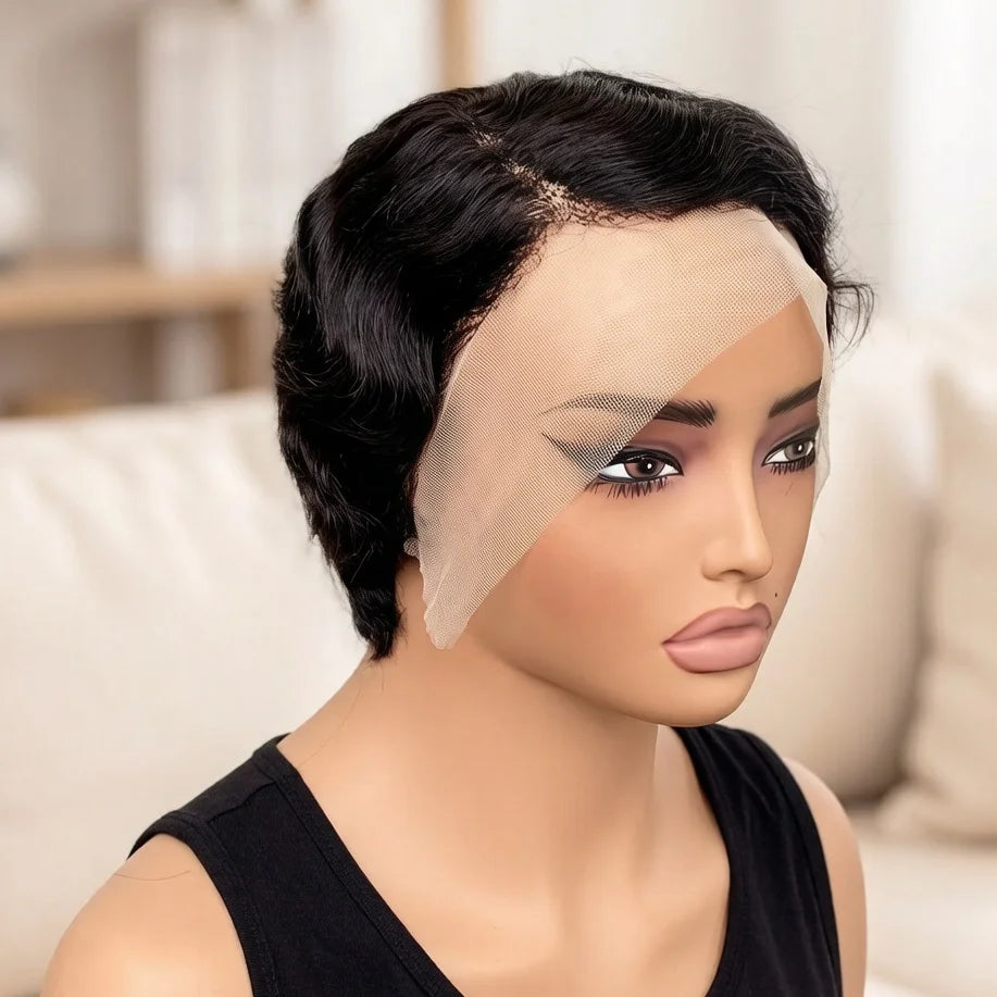 13X4 Lace Front Wig Brazilian Human Hair Finger Wave Short Pixie Cut Wig for Women 180% Density