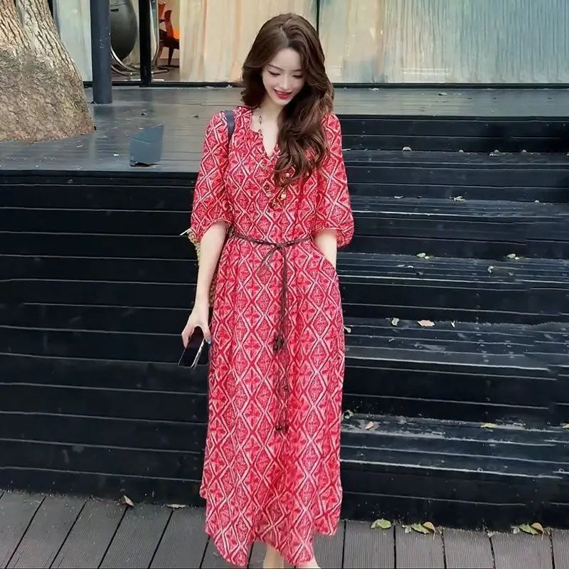 Loose Fit Vacation Style Floral Midi Dress for Women