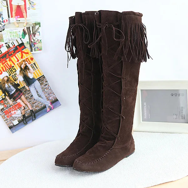 Vintage Inspired Fringe Lace Up Knee High Boots for Women