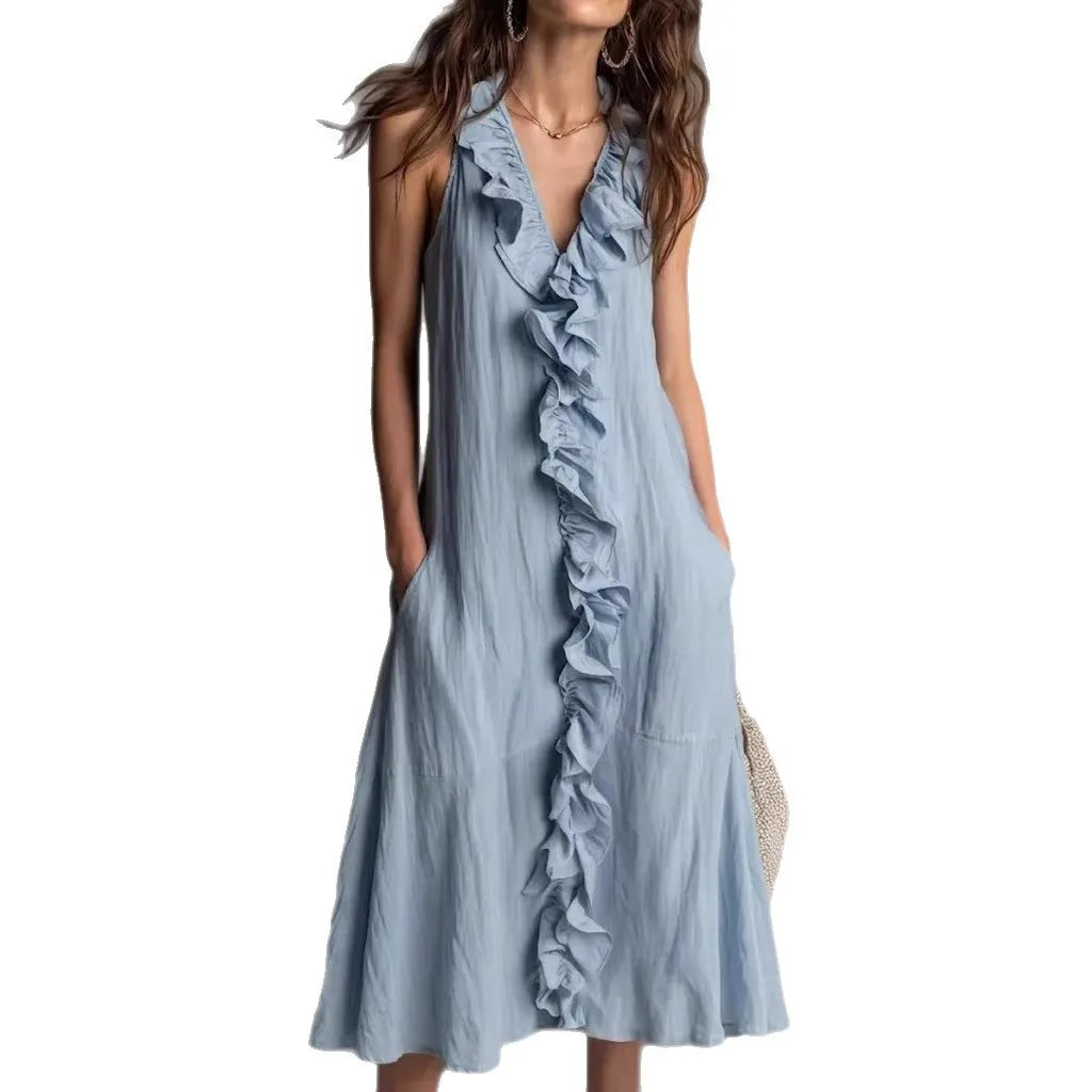Solid Color Ruffle Trim V Neck Sleeveless Midi Dress with Pocket for Women