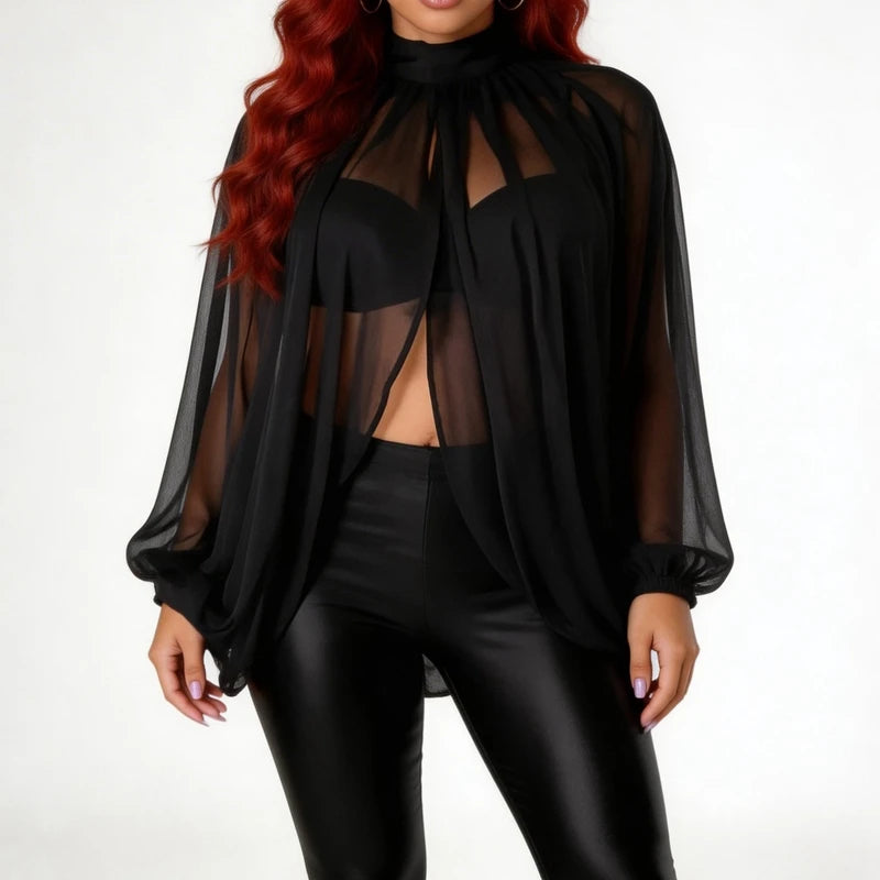 Elegant Sheer Chiffon Batwing Sleeve Blouse for Women