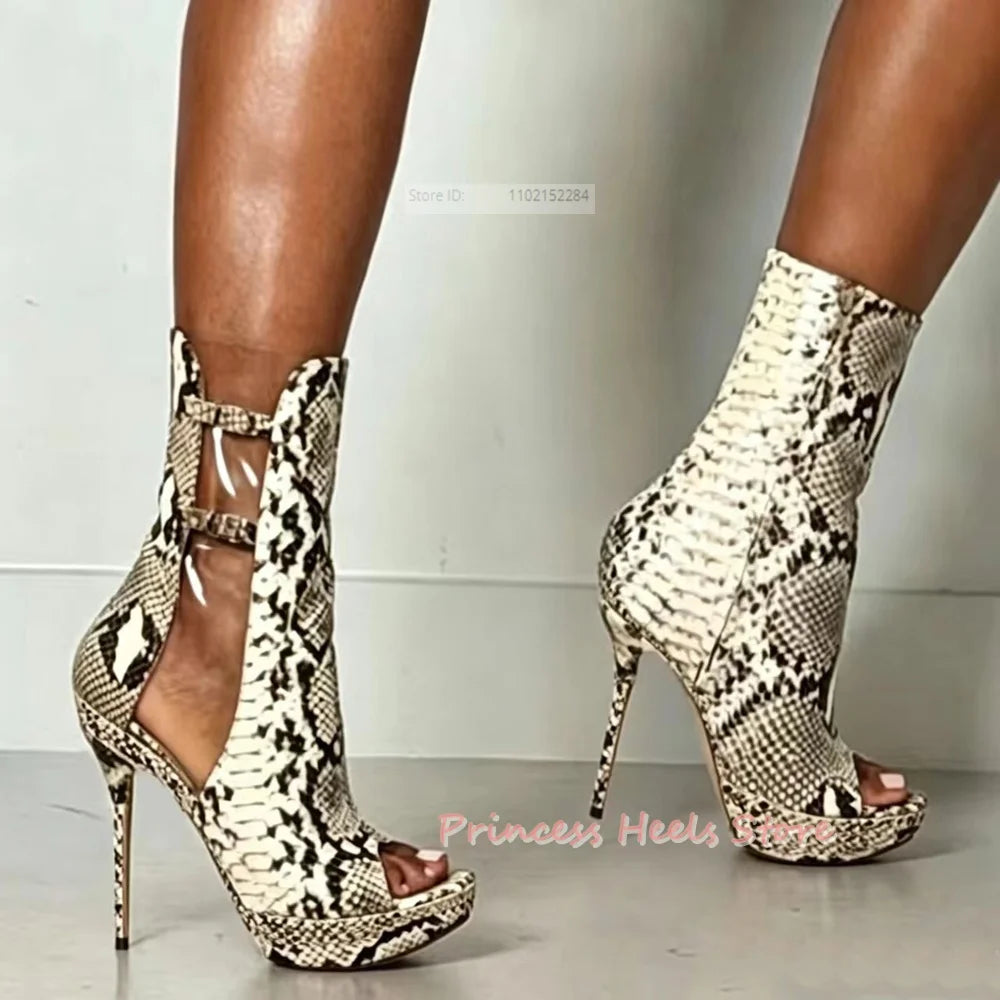 Sleek Snake Print Leather Side Zipper Sandals for Women