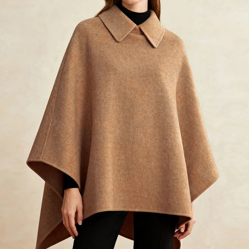 Elegant Patchwork Long Cape Coat With Turn-Down Collar for Women