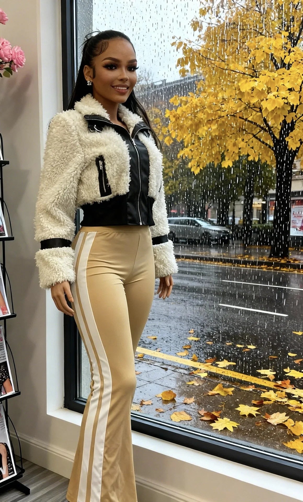 Winter Faux Fur Patchwork Leather Jacket for Women