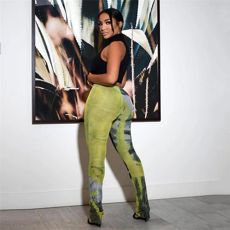 FAGADOER Y2k Sexy Tie Dye Printting Woman 2 Piece Set Outfit Halter Bandage Patchwork Crop Top and Flare Pants Female Streetwear